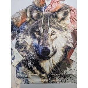 Light All Over/Around Wolf‎ Print Hoody Size Large Native American Nature White